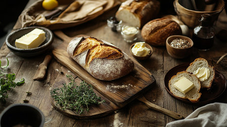 Freshly baked bread with butter and herbs on rustic wooden tableの写真素材
