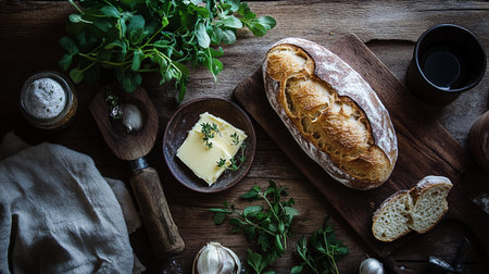 Freshly baked baguette with butter and herbs on wooden tableの写真素材