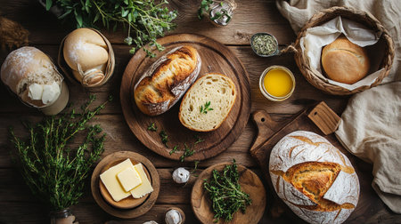 Different types of bread on a wooden background. Top view, flat lay