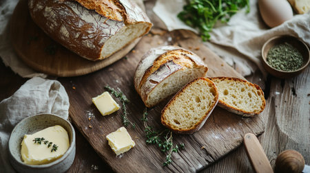 Sliced bread with butter and herbs on wooden board, rustic style