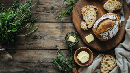 Bread with butter and herbs on a wooden background. Top view.の写真素材
