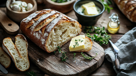 Ciabatta bread with butter and thyme on a wooden boardの写真素材