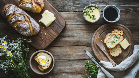 Breakfast with bread, butter and chamomile on wooden backgroundの写真素材