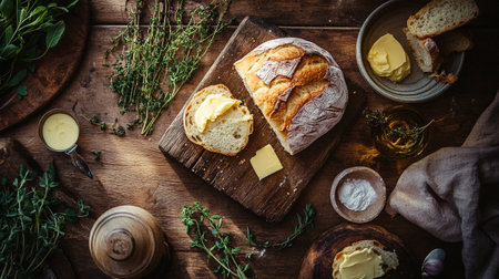 Ciabatta bread with butter and herbs on rustic wooden backgroundの写真素材