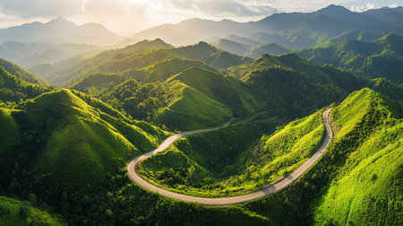 Mountain road at sunset in Yunnan, China.の写真素材
