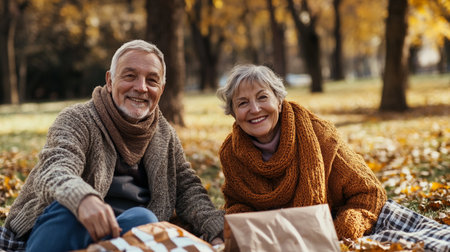 Happy senior couple sitting on blanket in autumn park. They are looking at camera and smilingの写真素材