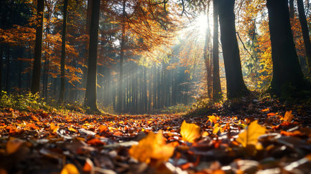 Autumnal forest in the rays of the rising sun. Beautiful nature backgroundの写真素材
