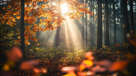Autumn forest with sunbeams shining through the branches of treesの写真素材