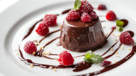 Chocolate pudding with raspberries and mint on a white plateの写真素材