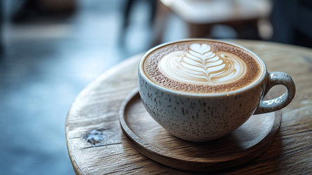 Hot art Latte Coffee in a cup on wooden table in coffee shopの写真素材