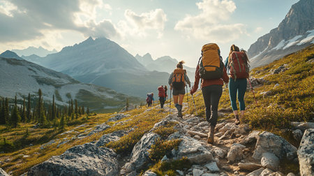 Group of hikers walking in the mountains with backpacks and trekking polesの写真素材