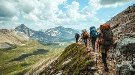 Hikers in the mountains. Trekking in the Caucasus mountains.