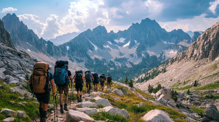 Group of hikers with backpacks on the trail in the mountains.の写真素材