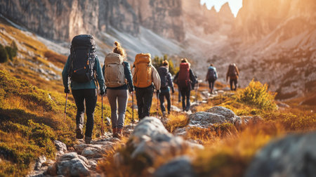 Group of hikers walking on the trail in the Dolomites, Italyの写真素材