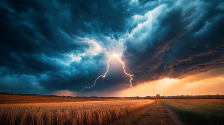 Stormy sky over a field of wheat under a thunderstorm.