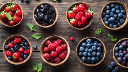 Top view of fresh berries in wooden bowls on wooden table, flat lay