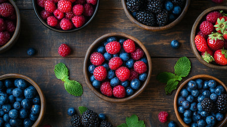Top view of fresh berries in wooden bowls on rustic wooden table