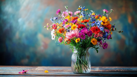 Bouquet of wildflowers in vase on wooden tableの写真素材