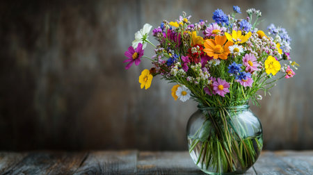 Colorful bouquet of wildflowers in vase on wooden background