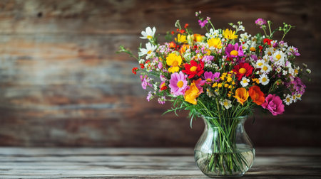 Bouquet of wildflowers in vase on wooden backgroundの写真素材