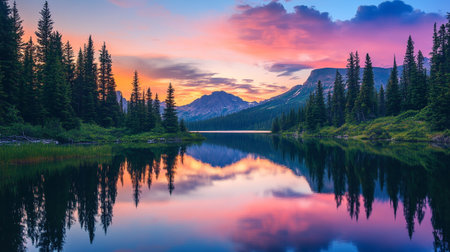 Mountain lake at sunset. Canadian Rockies, Alberta, Canada.の写真素材