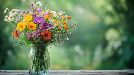 Bouquet of wildflowers in a glass vase on a wooden tableの写真素材