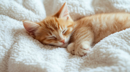 Cute ginger kitten sleeping on white soft blanket with copy space.の写真素材