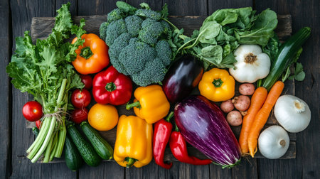 Fresh organic vegetables on wooden background, top view. Healthy food concept