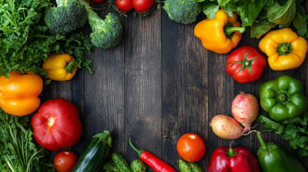 Fresh vegetables on wooden table. Healthy food background. Top view.