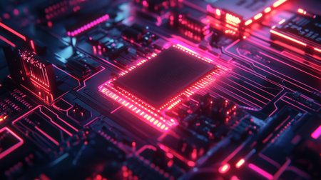 Circuit board. Electronic computer hardware technology. Motherboard digital chip. 3D rendering