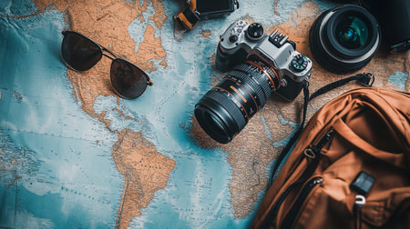Top view of camera, sunglasses and travel bag on world map backgroundの写真素材