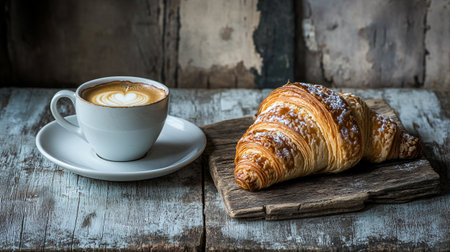 Coffee and croissants on old wooden background. Vintage style.の写真素材
