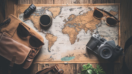 Traveler's accessories and map on wooden background. Vintage tone.の写真素材