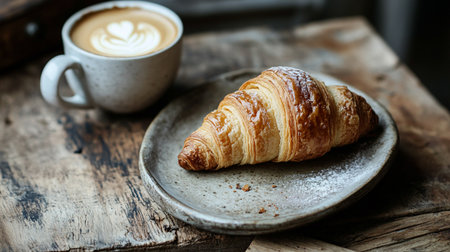 Breakfast with coffee and croissant on wooden table, selective focusの写真素材