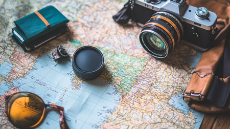 Vintage camera and travel accessories on the map. Travel concept.の写真素材