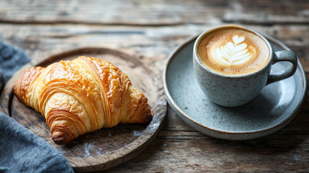 Coffee cup and croissant on a wooden table.