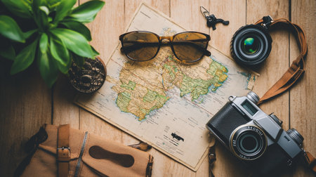 Traveler's accessories and map on wooden background. Travel concept.の写真素材