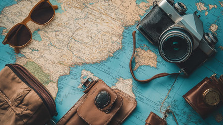 Vintage camera and travel accessories on vintage map background, travel concept