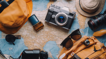 Top view of travel accessories and camera on world map background. Travel conceptの写真素材