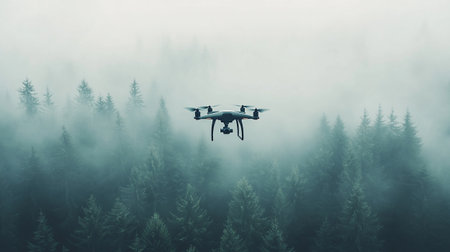 Drone flying in the foggy forest. Drone flying in the fog.