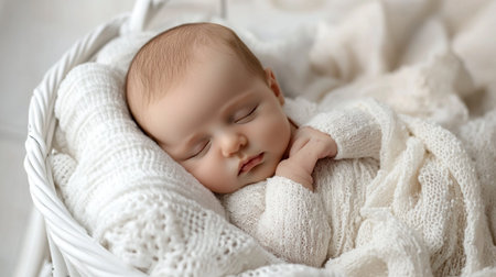 Cute little baby sleeping in basket, closeup view. Space for textのeditorial素材