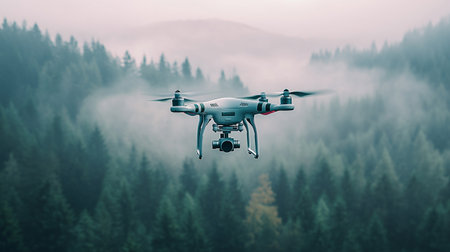 Drone with digital camera flying over the forest. 3d rendering