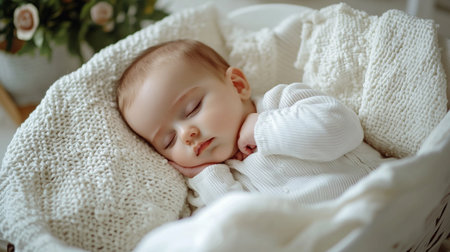 Cute newborn baby sleeping on a white knitted plaid.