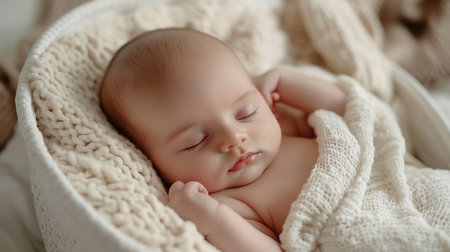Cute newborn baby sleeping on soft knitted blanket, closeup