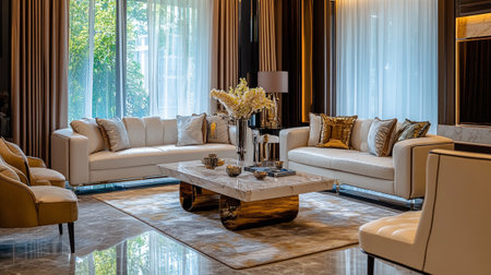 Luxury living room with white sofas and pillowsの写真素材