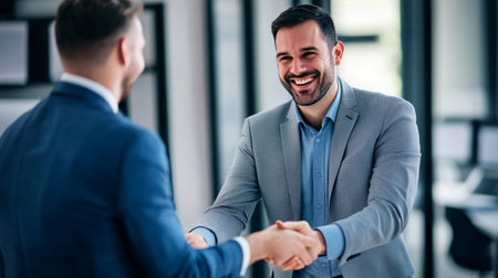 business, partnership and office concept - two smiling businessmen shaking hands in officeのeditorial素材