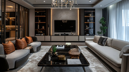 interior of luxury living room with black sofa and tv, 3d renderの写真素材