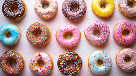 Colorful glazed donuts with sprinkles on a white background