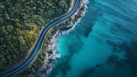 Aerial view of a winding road in the sea. Drone photography.の写真素材