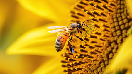Close up of a bee collecting pollen on a sunflower in summer